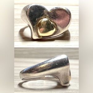 Designer Signed C^A Sterling Silver & 18k Gold Double Heart Ring, Size 6.5